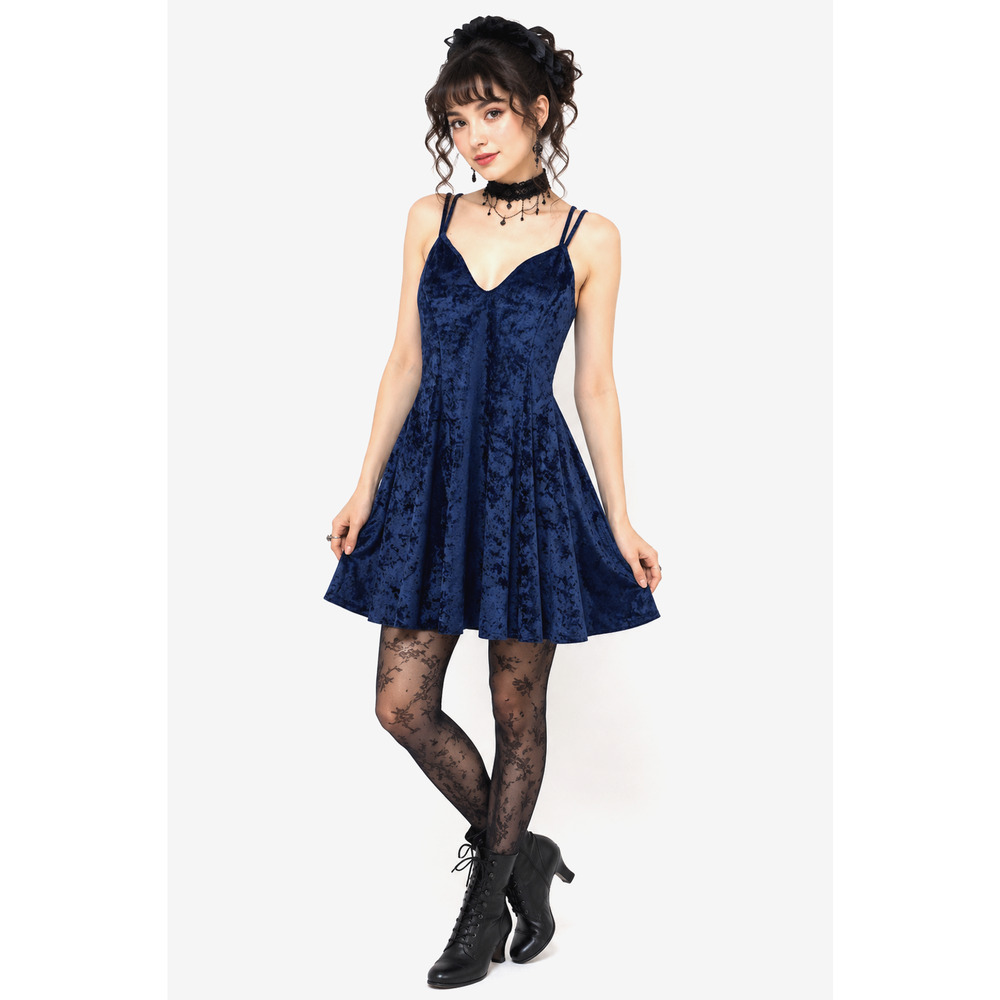 Petra Fashions Vintage 90s Y2K Navy Crushed Stretch Velvet Babydoll Dress sz L